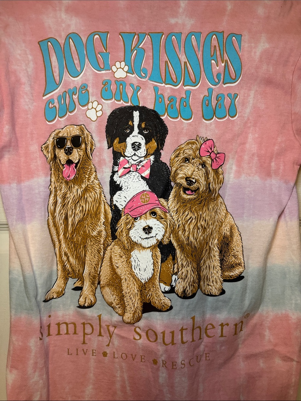 Simply Southern Tie Dye “Dog Kisses cure any bad day” short sleeve shirt-size M